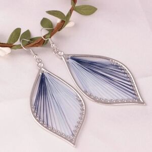Silk Teardrop Woven Thread Statement Earrings Two Tone Blue and Silver NWT
